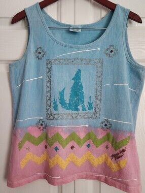 Vintage Beverly Hills Blues Pastel Multi-color Wolf Graphic Retro Tank Top, Med